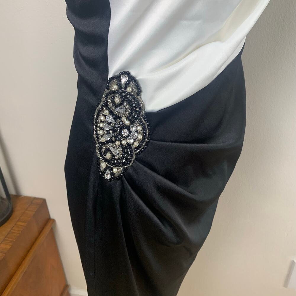 Jessica Howard One Shoulder Dress Sz 6 Black White Satin Beaded Cocktail Formal - Picture 3 of 10